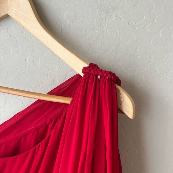 Naeem Khan Red 100% Silk Draped One-Shoulder Braided Waist Chiffon Gown Size 4 - Picture 5 of 13